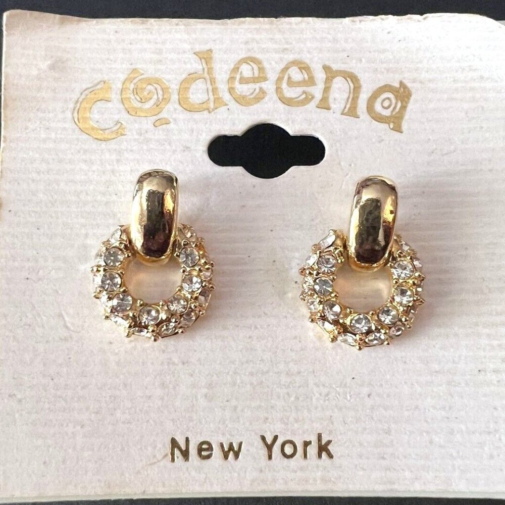 Codeena New York Gold Hoop Post Earrings w Faux Diamonds